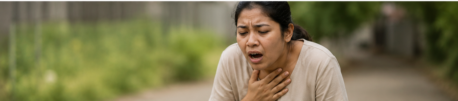 If someone has severe breathing difficulty:
� Call for emergency help immediately.
� Help them sit upright or in the position they find easiest for breathing. Do not force them to lie flat.
� Loosen tight clothing around the neck or chest.
� Keep the area calm and avoid crowds.
� If they have a prescribed reliever inhaler or emergency plan, help them use it as directed.
� If they have a known severe allergy and an adrenaline auto-injector prescribed for them, use it according to their emergency plan and seek emergency help.
� Do not give food, drink, tablets, or medicines by mouth if they are very breathless, drowsy, confused, choking, or unable to swallow safely.
� Do not leave them alone.
� If they become unresponsive and are not breathing normally, start CPR if trained and seek emergency help immediately.