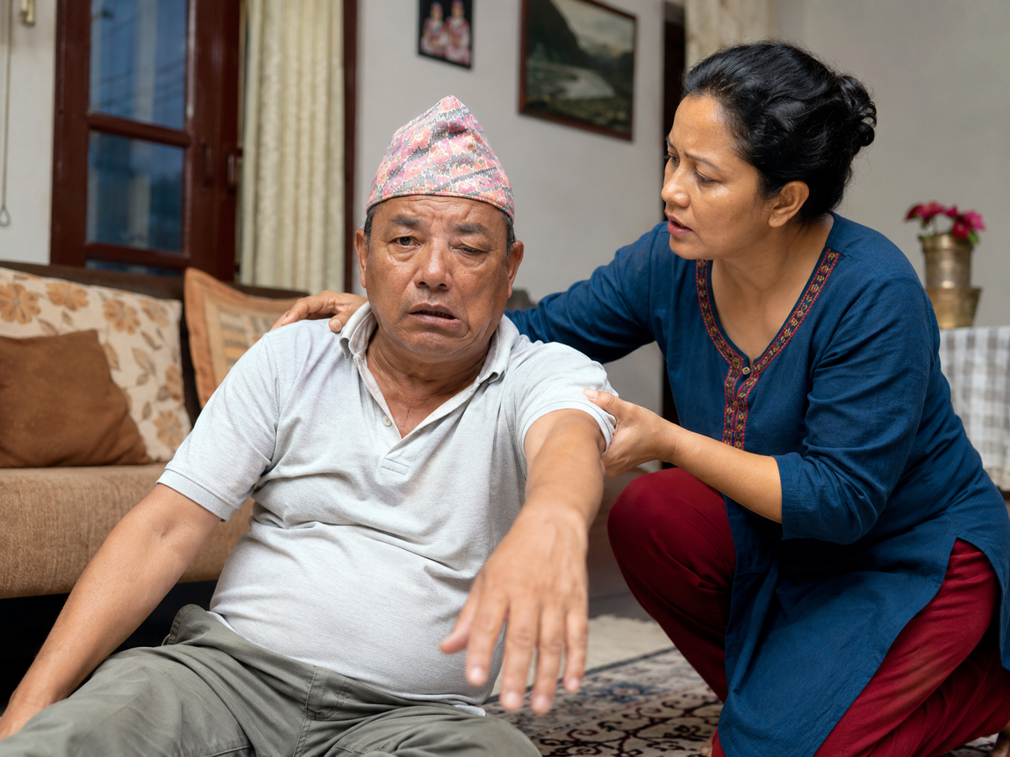 Treat any possible stroke symptom as an emergency. Go to the nearest emergency department immediately or call Ambulance Nepal on 102, where available.
Remember FAST:
� Face: Ask the person to smile. Has one side of the face dropped or gone numb?
� Arms: Ask them to raise both arms. Is one arm weak, numb, or drifting down?
� Speech: Is their speech slurred, confused, unusual, or difficult to understand?
� Time: Act immediately. Note the time symptoms started, or when the person was last known to be well.
Other possible sudden stroke symptoms include:
� Weakness or numbness of the face, arm, or leg, especially on one side
� Sudden confusion, difficulty understanding, or trouble finding words
� Sudden loss of vision, blurred vision, or double vision
� Sudden severe dizziness, loss of balance, difficulty walking, or an unexplained fall
� Sudden severe headache, especially with vomiting, drowsiness, collapse, or neck stiffness
� Difficulty swallowing or repeated choking
� Seizure, collapse, or loss of consciousness
Do not wait to see if symptoms improve. Do not give food, drink, aspirin, blood-thinning medicine, or any new medicine by mouth. Do not drive the person yourself if emergency transport is available.