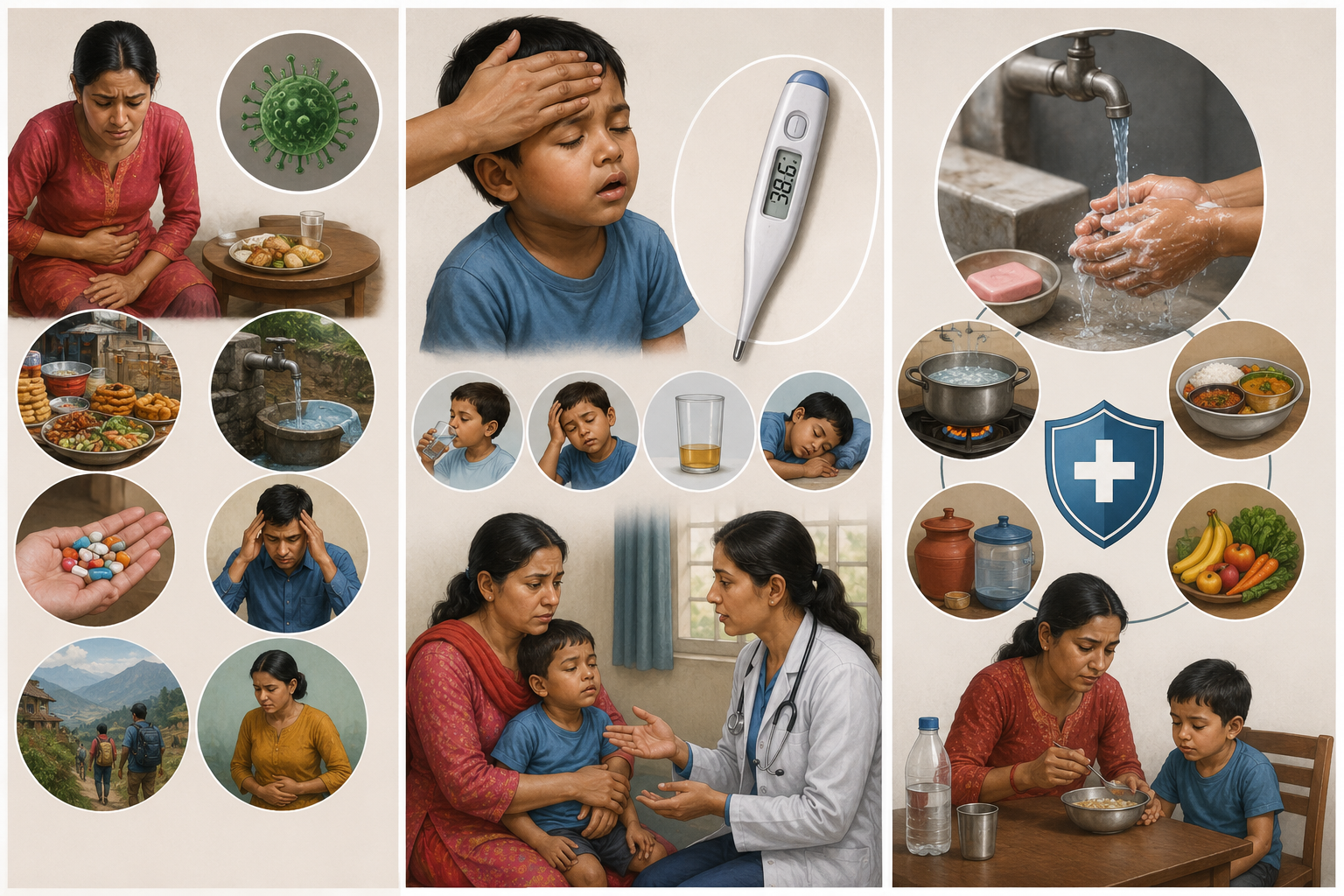 Diarrhoea causes your body to lose fluids very quickly. Your most important task during this time is to prevent dehydration by replacing those lost fluids.
Drink Plenty of Fluids: Keep drinking fluids throughout the day. Safe choices include clean drinking water, coconut water, and light soups or broths. These help your body replace the fluids it is losing.
Use Oral Rehydration Salts (ORS): ORS is one of the most helpful treatments for diarrhoea. Each ORS packet contains the correct amounts of water, salt, and sugar needed to help your body absorb fluids properly. Using ORS regularly can prevent dehydration from becoming serious. Always read and follow the mixing instructions on the packet.
Eat Simple, Easy-to-Digest Foods: Once you feel ready to eat, begin with small portions of plain, gentle foods. Boiled rice, bananas, and boiled potatoes are good options because they are easy on the stomach. Avoid oily, spicy, and very sweet foods. Dairy products such as milk should also be avoided, as they can make diarrhoea worse.
Rest Your Body: Recovery takes energy. Allow yourself enough rest so your body can heal and regain its strength.
Wash Your Hands Thoroughly: Clean your hands well with soap and safe water every time after using the toilet and before handling or eating food. This habit is one of the most effective ways to stop diarrhoea from spreading to others in your home or community.