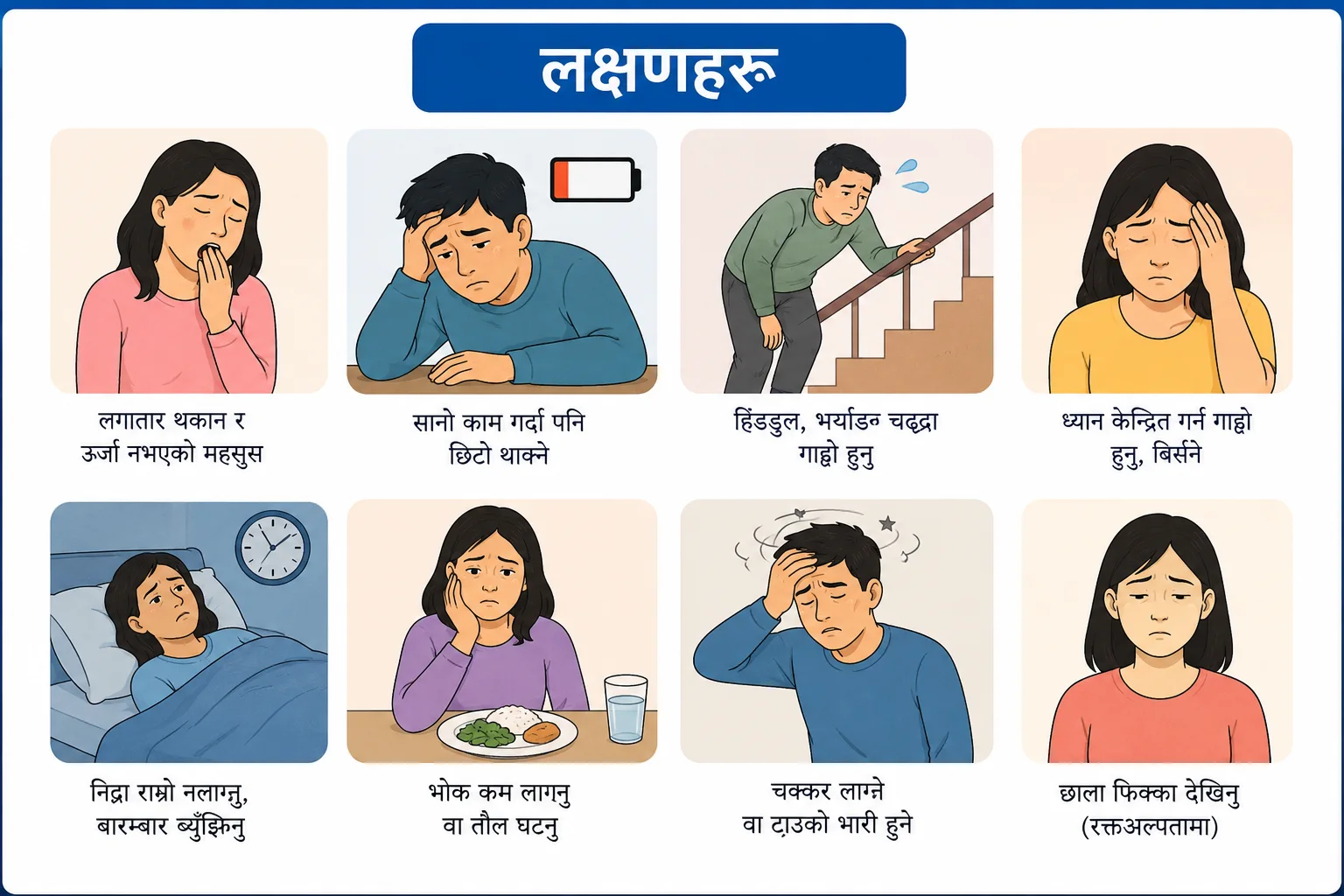 Go to the nearest hospital immediately if fatigue or weakness occurs with:
Sudden weakness or numbness affecting one side of the body
Facial drooping, unclear speech, confusion or sudden loss of balance
Severe breathing difficulty, blue or grey lips, or inability to speak normally
Chest pressure or pain, especially with sweating, nausea or pain spreading to the arm, jaw or back
Collapse, seizure, loss of consciousness or difficulty waking
New inability to stand, walk, lift an arm or hold the head upright
Rapidly worsening weakness, difficulty swallowing or weak breathing
Severe bleeding, vomiting blood, black stools or very heavy vaginal bleeding
Severe dehydration, very little urine or repeated vomiting
Thoughts of suicide or immediate risk of self-harm
These symptoms may indicate stroke, heart disease, severe anaemia, serious infection, a neurological emergency or another dangerous condition.